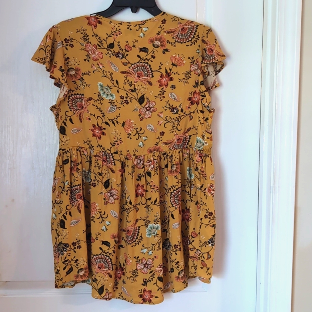 True Craft Flutter Sleeve Saffron Floral Top. Size Large $48. Boho - Picture 11 of 16